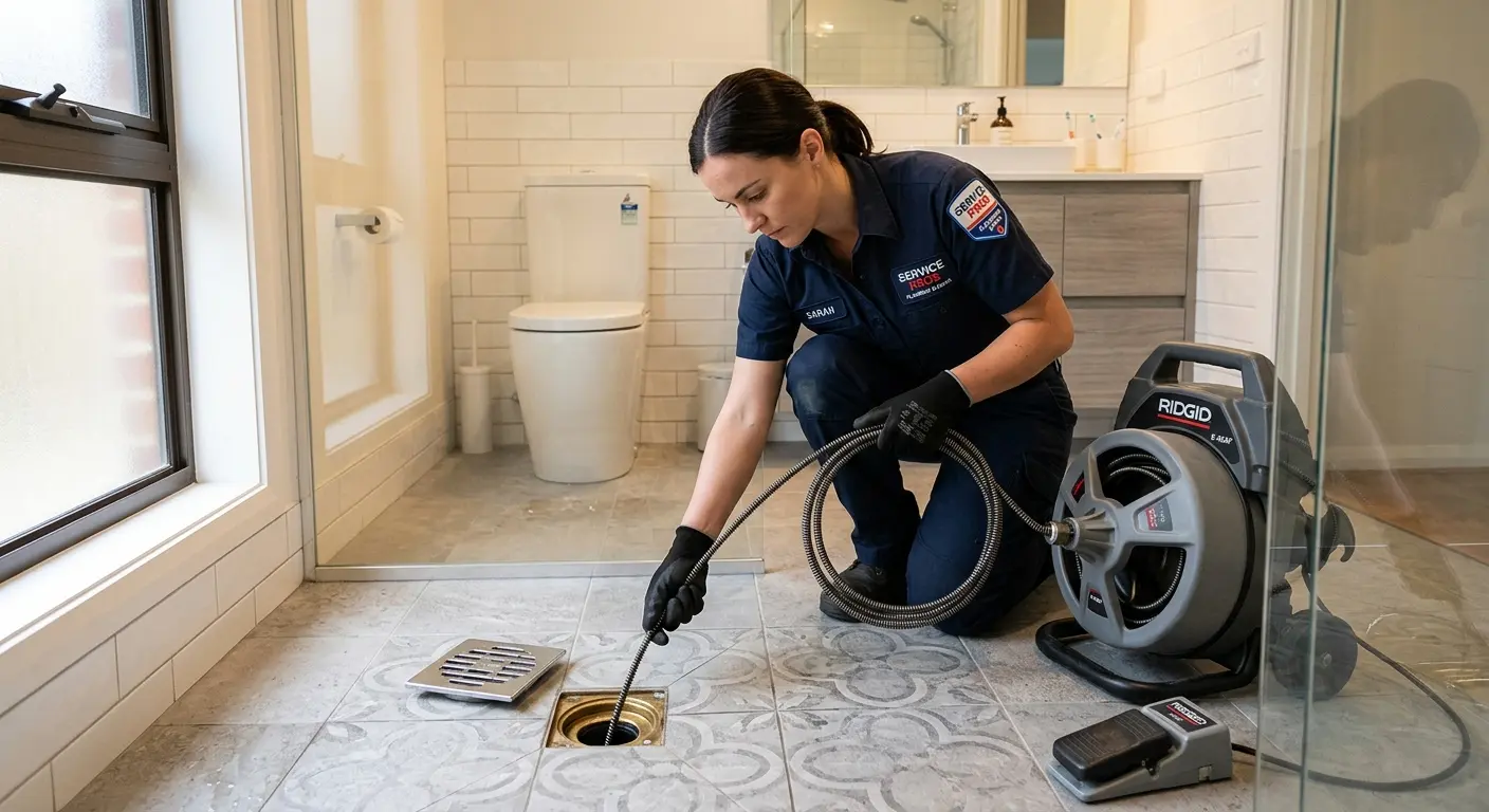 Technician clearing a bathroom floor drain for Drain Cleaning in Amherst